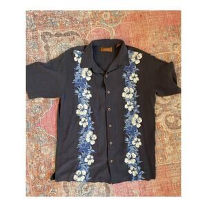 Tasso Elba Men's Floral Print Silk Button Down Shirt Short Sleeve Black Size M
